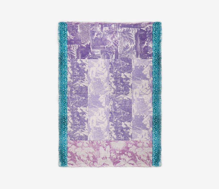 THE FRINGED SILK SCARF | Purple toile de jouy