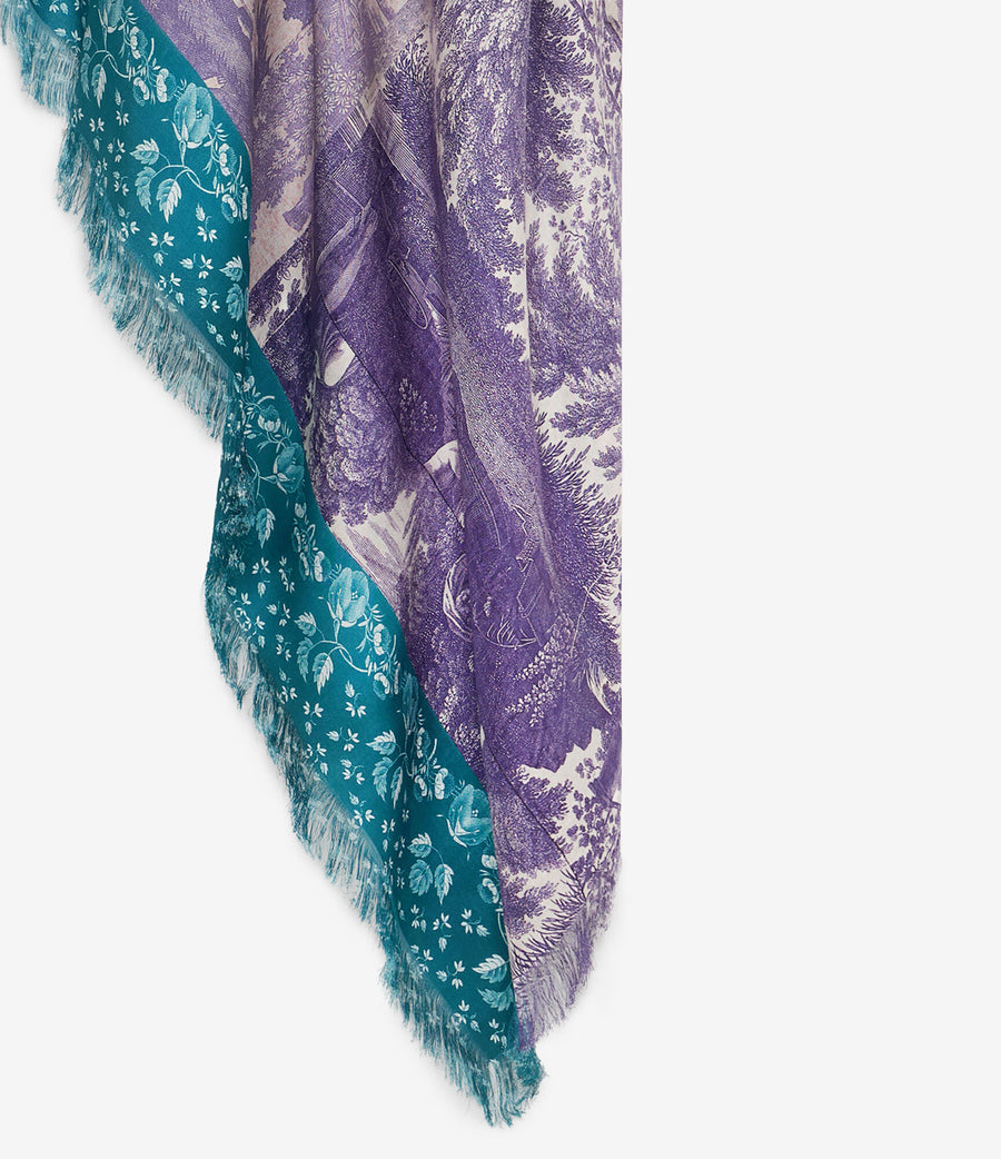 THE FRINGED SILK SCARF | Purple toile de jouy